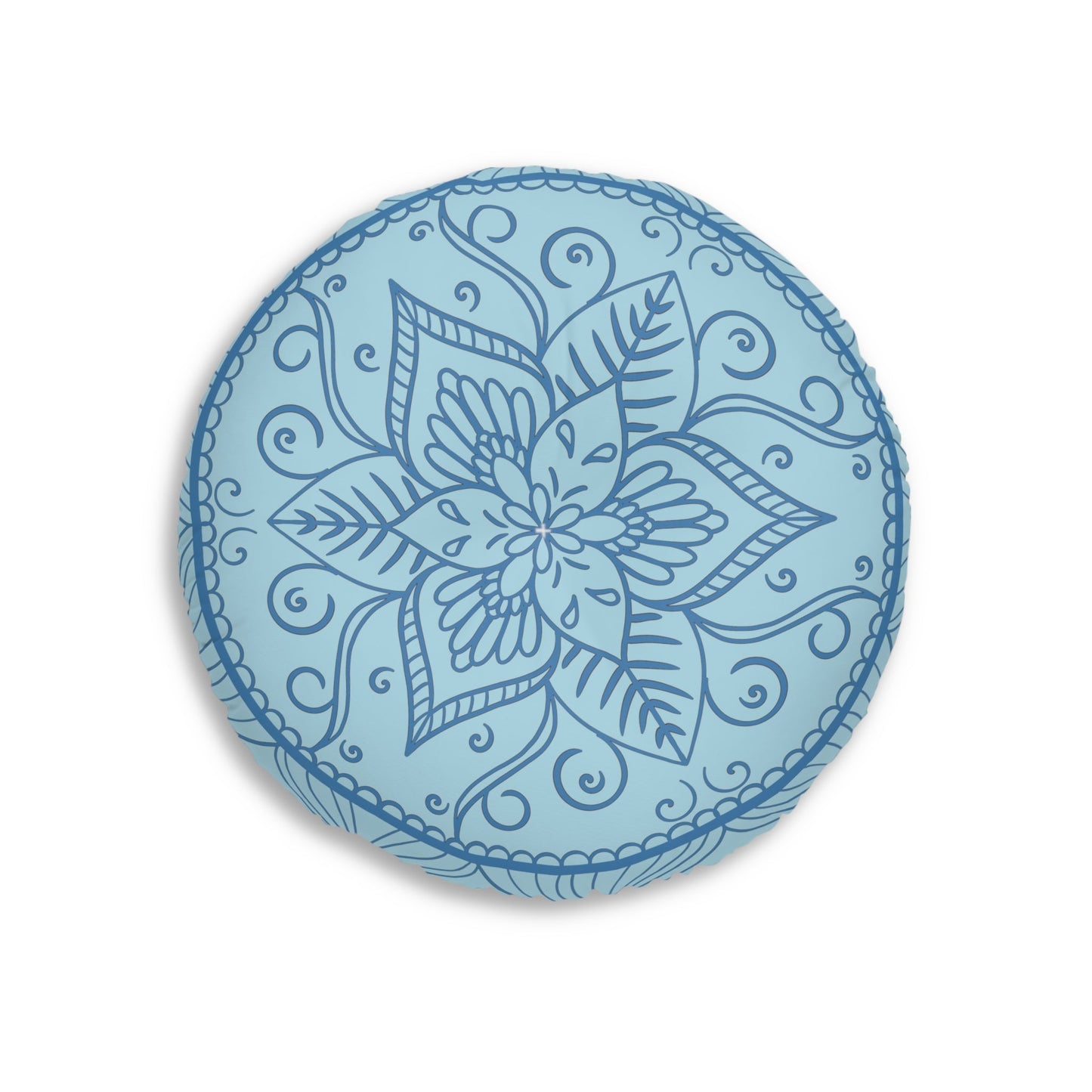 Floor Cushion Handmade Mandala Art - Steel Blue on Light Blue background - Drawn by Hand - Tufted Floor Pillow, Round - Blululi