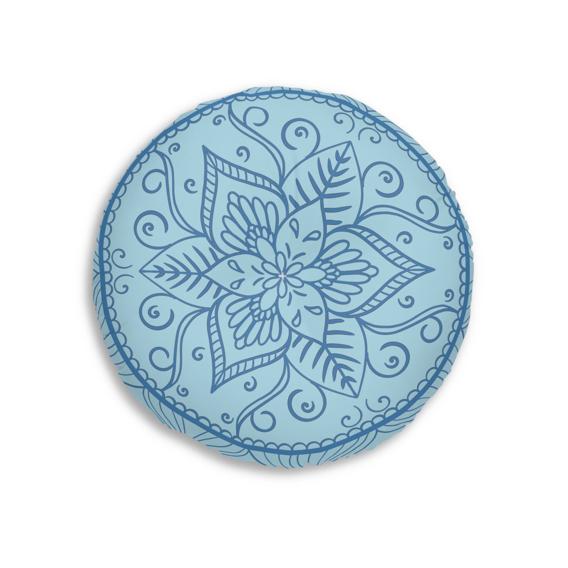 Floor Cushion Handmade Mandala Art - Steel Blue on Light Blue background - Drawn by Hand - Tufted Floor Pillow, Round - Blululi