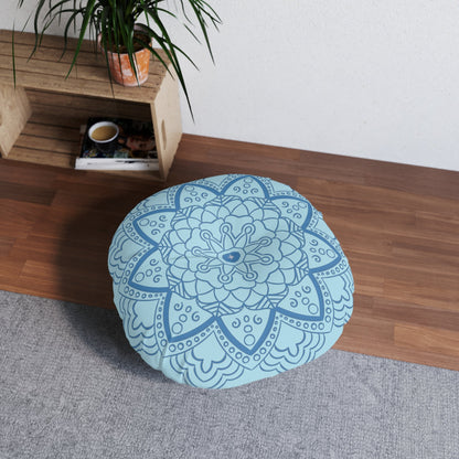 Floor Cushion Handmade Mandala Art - Steel Blue on Light Blue background - Drawn by Hand - Tufted Floor Pillow, Round - Blululi