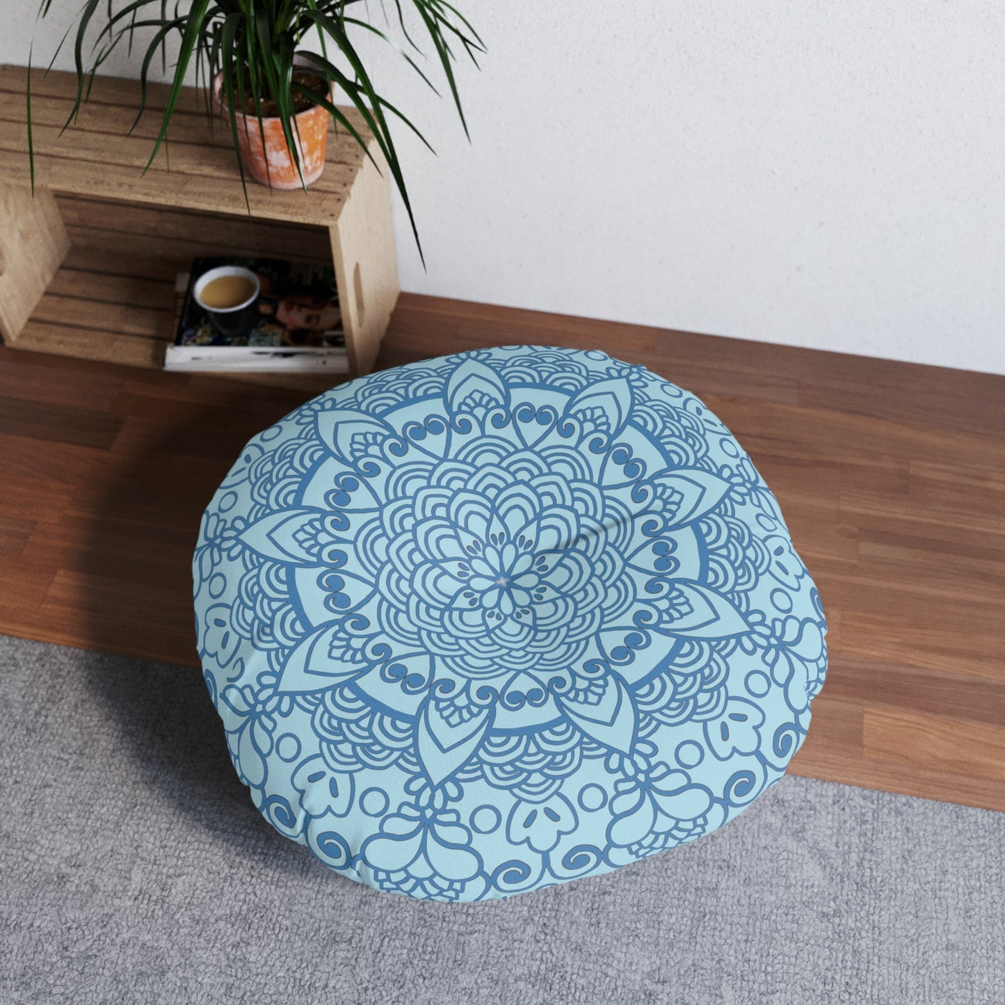 Floor Cushion Handmade Mandala Art - Steel Blue on Light Blue background - Drawn by Hand - Tufted Floor Pillow, Round - Blululi