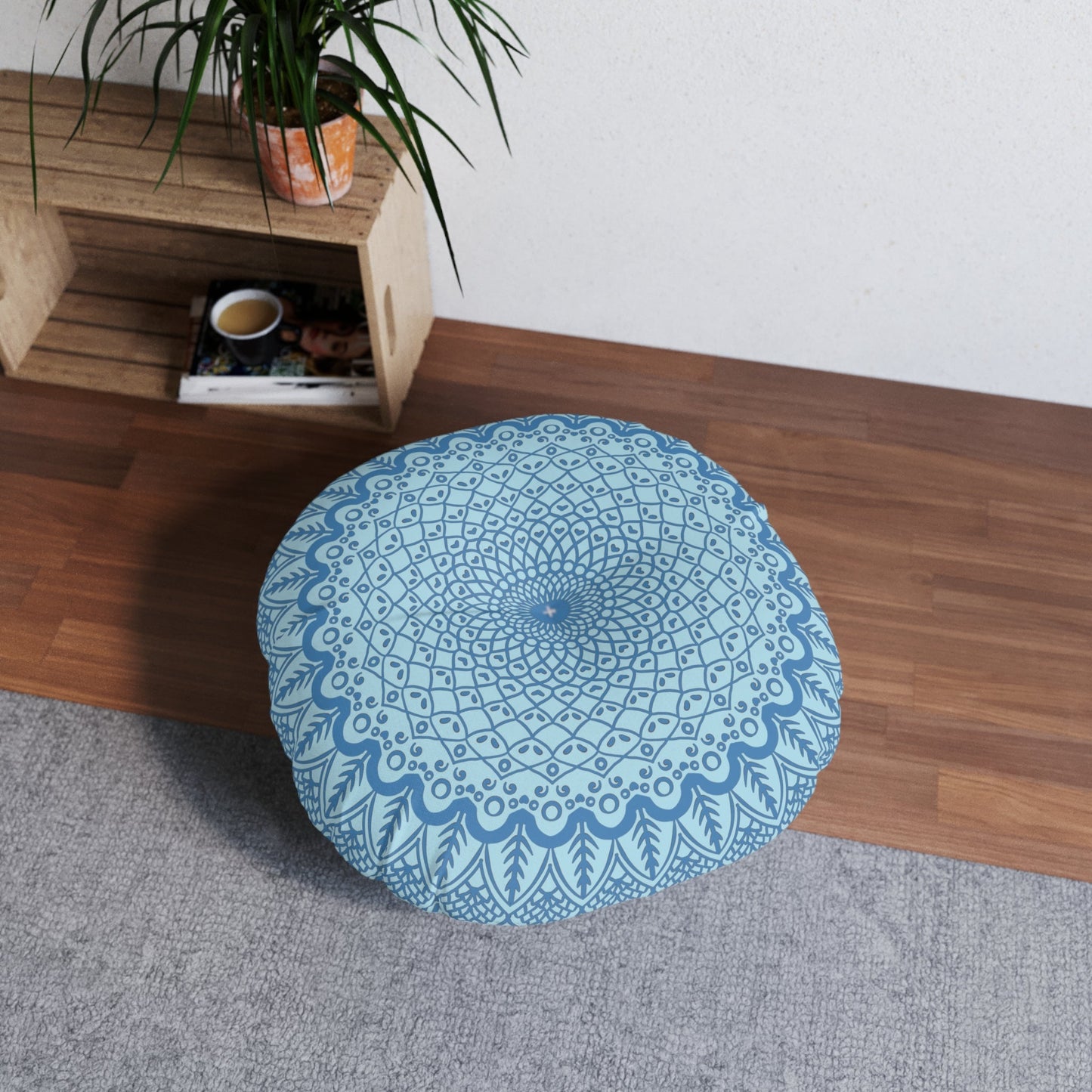 Floor Cushion Handmade Mandala Art - Steel Blue on Light Blue background - Drawn by Hand - Tufted Floor Pillow, Round - Blululi