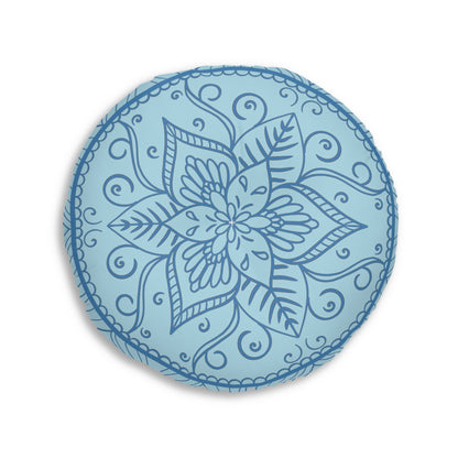 Floor Cushion Handmade Mandala Art - Steel Blue on Light Blue background - Drawn by Hand - Tufted Floor Pillow, Round - Blululi