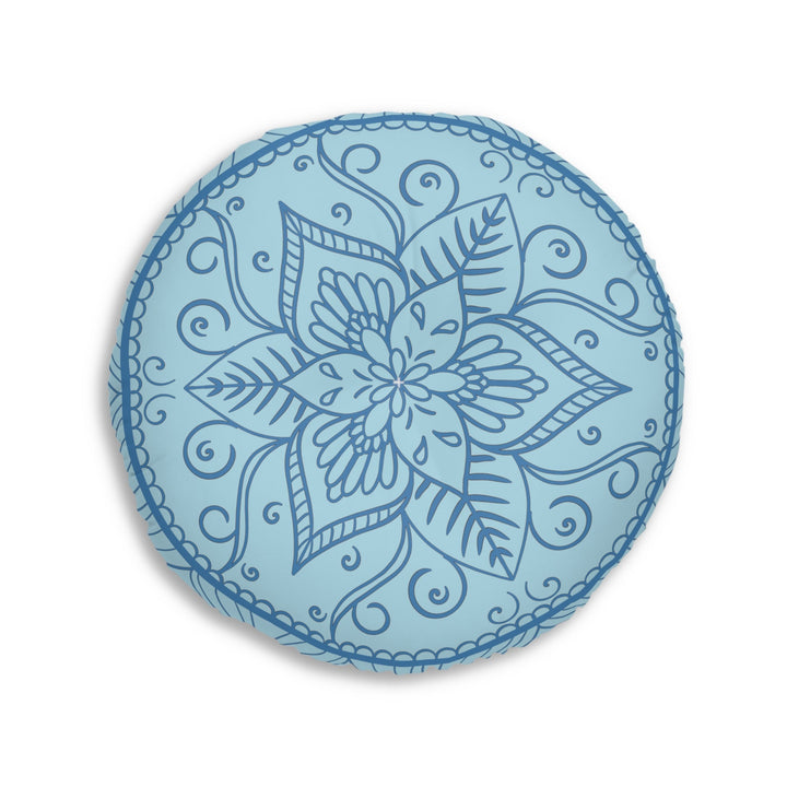 Floor Cushion Handmade Mandala Art - Steel Blue on Light Blue background - Drawn by Hand - Tufted Floor Pillow, Round - Blululi