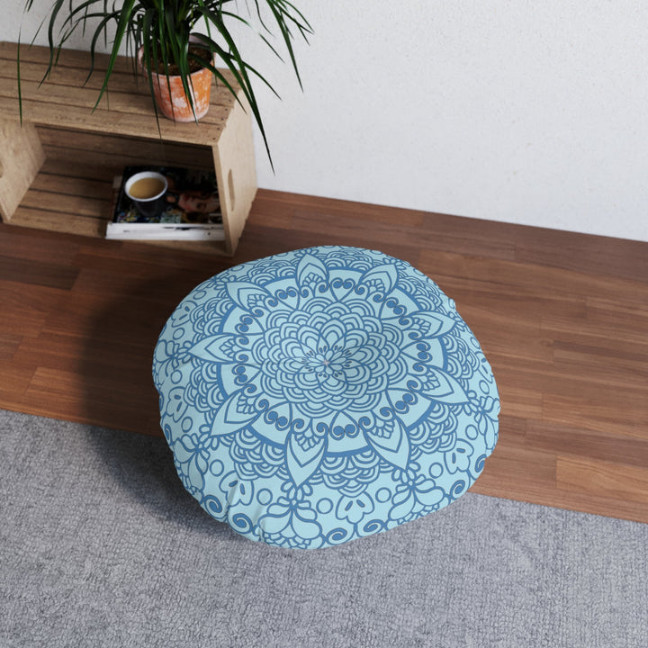 Floor Cushion Handmade Mandala Art - Steel Blue on Light Blue background - Drawn by Hand - Tufted Floor Pillow, Round - Blululi