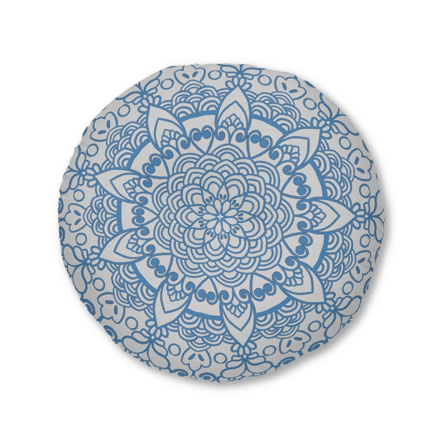 Floor Cushion Handmade Mandala Art - Steel Blue on Light Grey background - Drawn by Hand - Tufted Floor Pillow, Round - Blululi