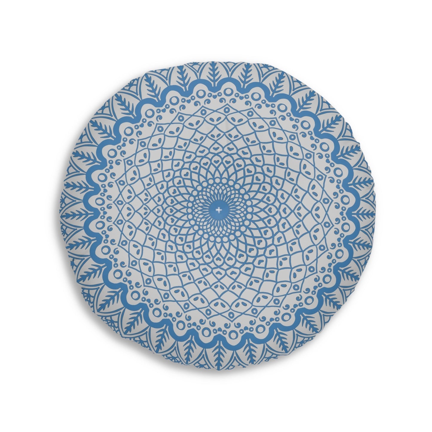 Floor Cushion Handmade Mandala Art - Steel Blue on Light Grey background - Drawn by Hand - Tufted Floor Pillow, Round - Blululi