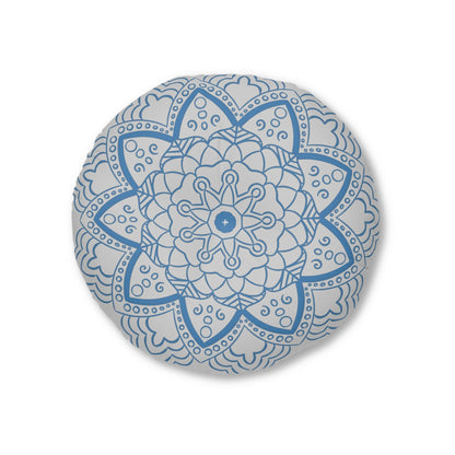 Floor Cushion Handmade Mandala Art - Steel Blue on Light Grey background - Drawn by Hand - Tufted Floor Pillow, Round - Blululi