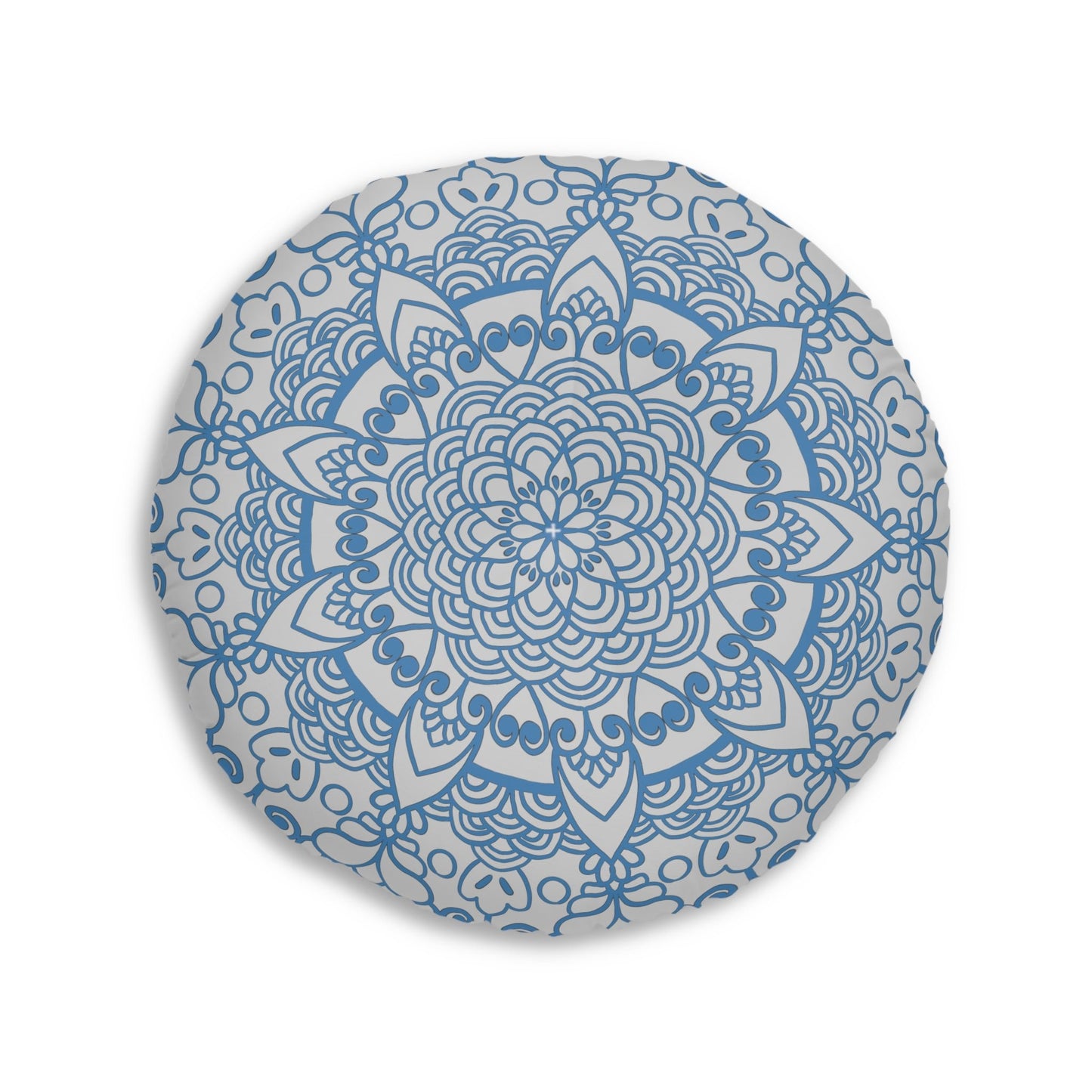 Floor Cushion Handmade Mandala Art - Steel Blue on Light Grey background - Drawn by Hand - Tufted Floor Pillow, Round - Blululi