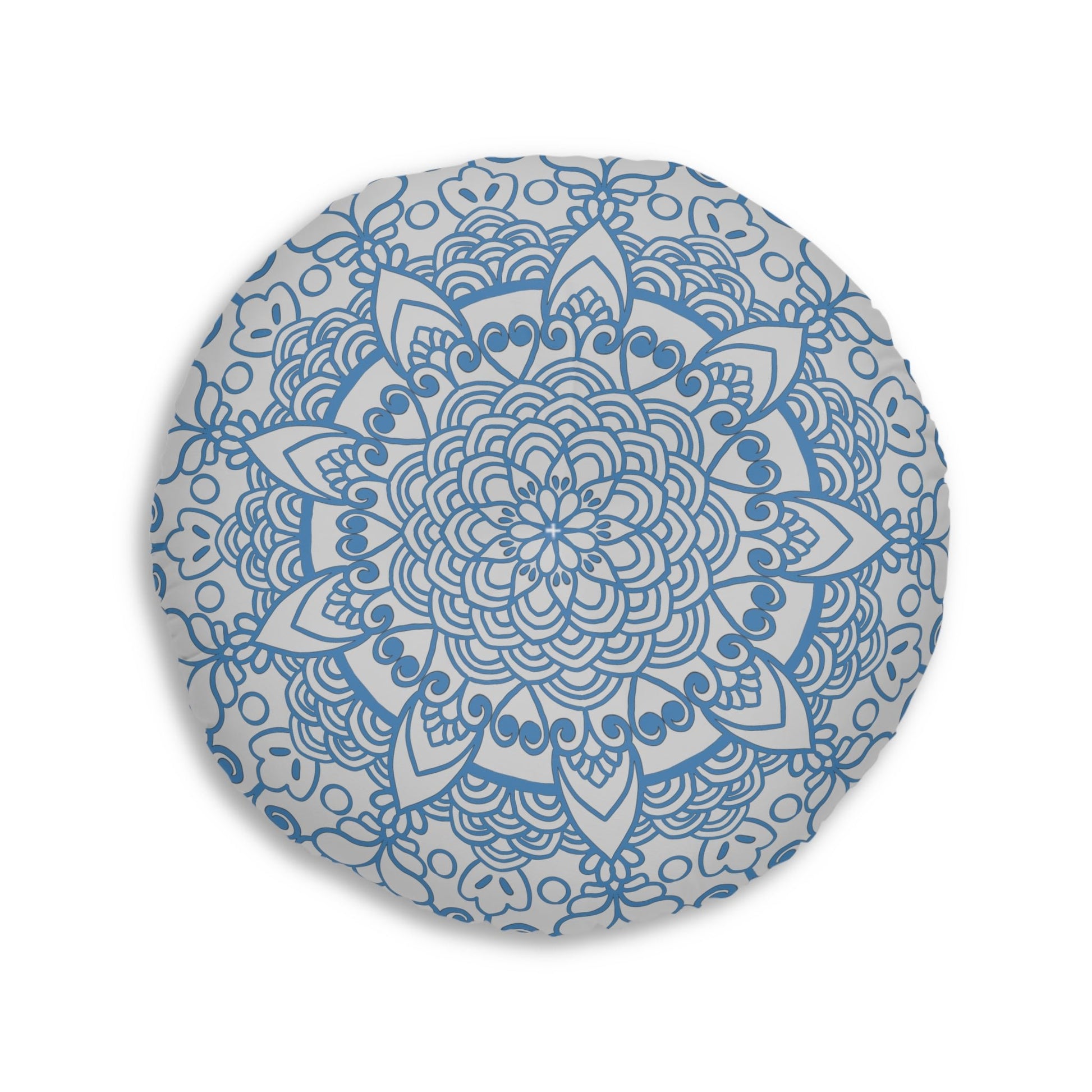 Floor Cushion Handmade Mandala Art - Steel Blue on Light Grey background - Drawn by Hand - Tufted Floor Pillow, Round - Blululi