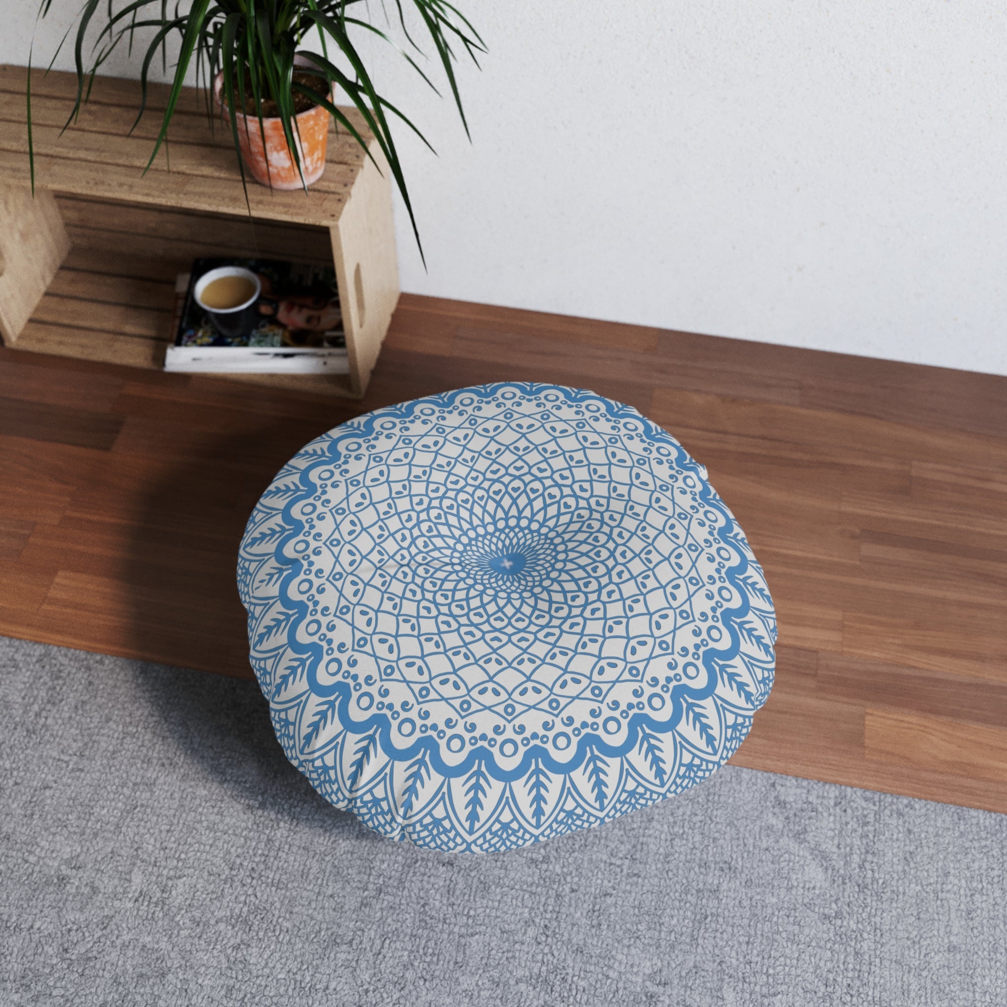 Floor Cushion Handmade Mandala Art - Steel Blue on Light Grey background - Drawn by Hand - Tufted Floor Pillow, Round - Blululi