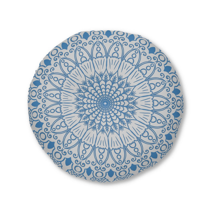 Floor Cushion Handmade Mandala Art - Steel Blue on Light Grey background - Drawn by Hand - Tufted Floor Pillow, Round - Blululi