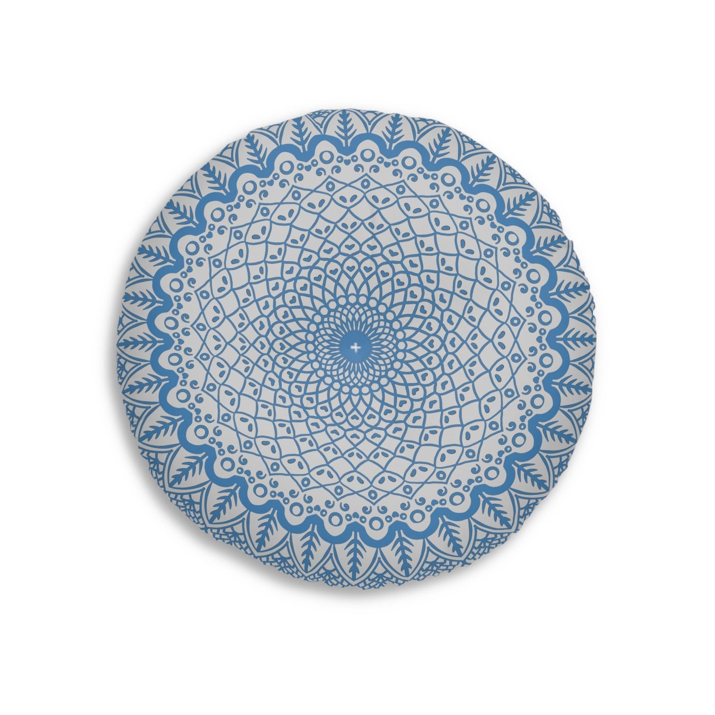 Floor Cushion Handmade Mandala Art - Steel Blue on Light Grey background - Drawn by Hand - Tufted Floor Pillow, Round - Blululi