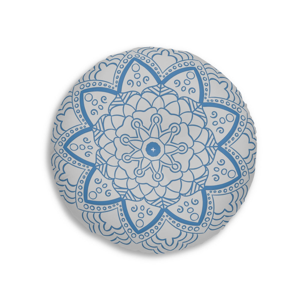 Floor Cushion Handmade Mandala Art - Steel Blue on Light Grey background - Drawn by Hand - Tufted Floor Pillow, Round - Blululi