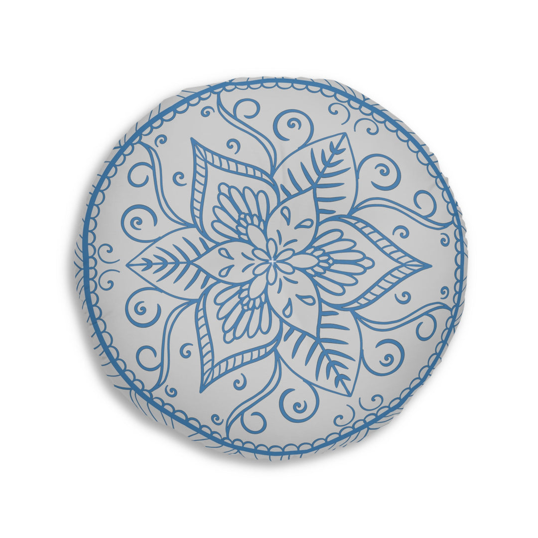 Floor Cushion Handmade Mandala Art - Steel Blue on Light Grey background - Drawn by Hand - Tufted Floor Pillow, Round - Blululi