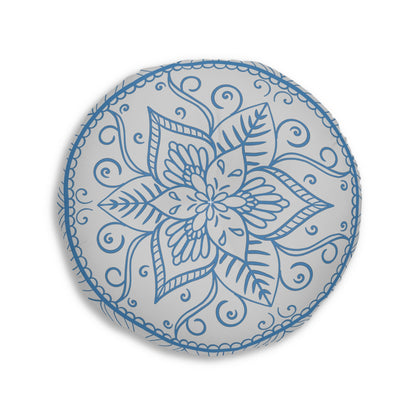 Floor Cushion Handmade Mandala Art - Steel Blue on Light Grey background - Drawn by Hand - Tufted Floor Pillow, Round - Blululi