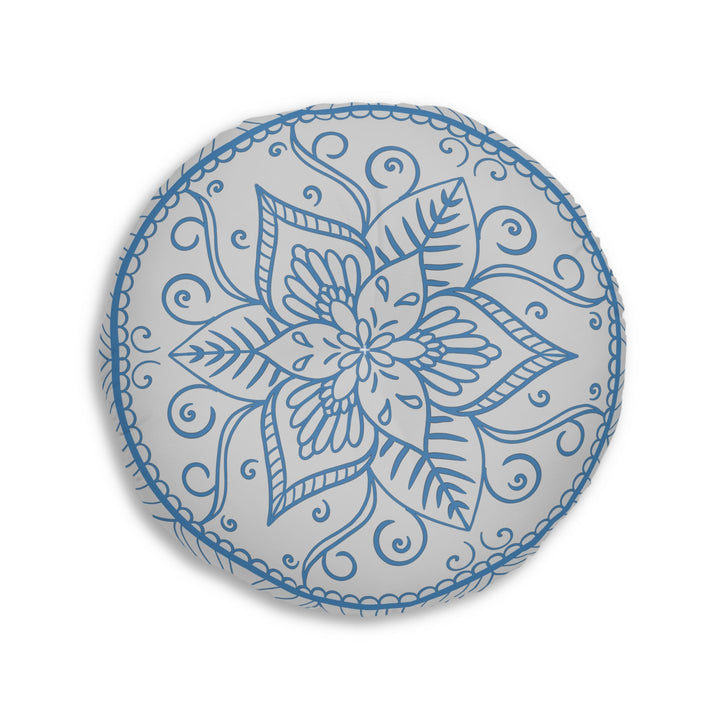 Floor Cushion Handmade Mandala Art - Steel Blue on Light Grey background - Drawn by Hand - Tufted Floor Pillow, Round - Blululi