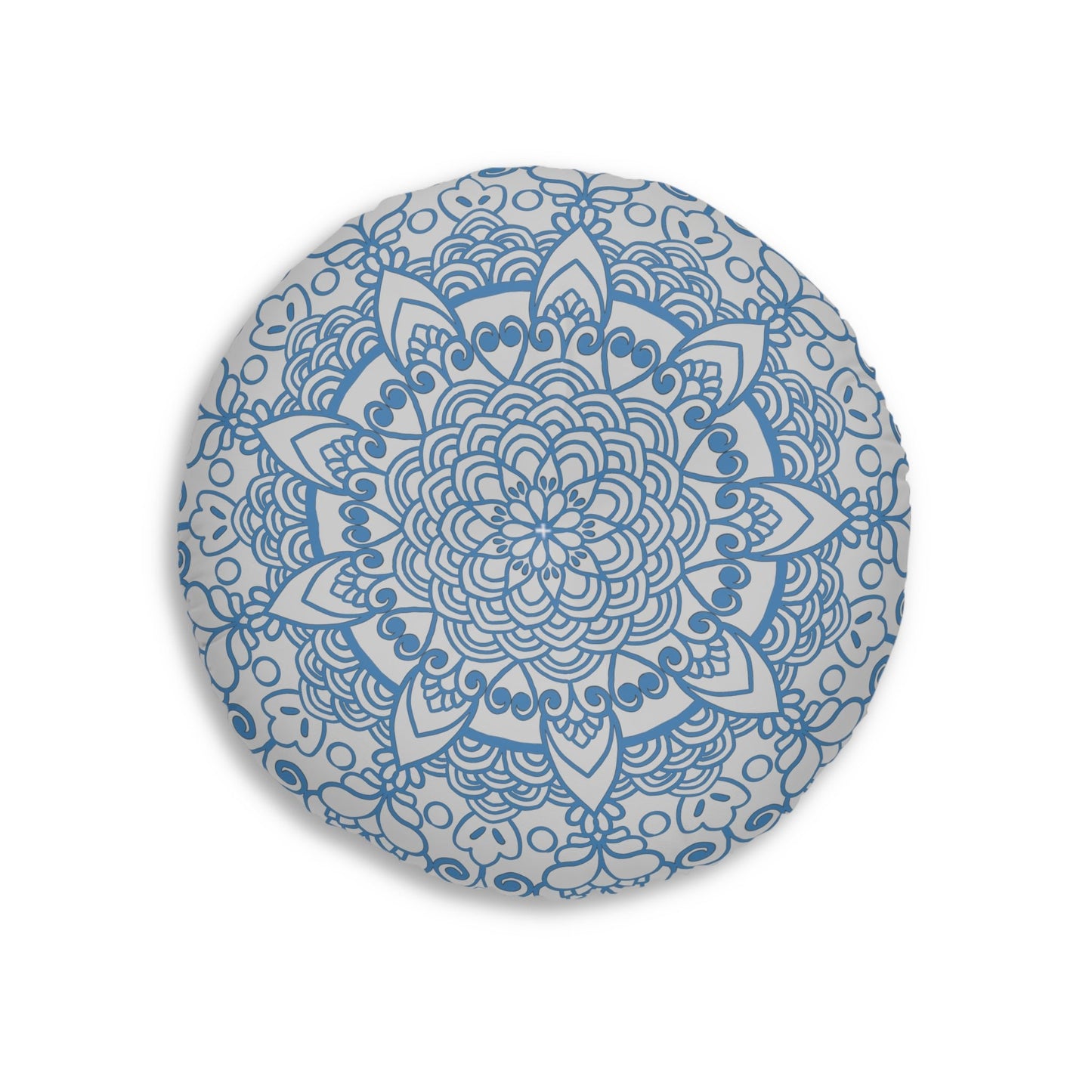 Floor Cushion Handmade Mandala Art - Steel Blue on Light Grey background - Drawn by Hand - Tufted Floor Pillow, Round - Blululi