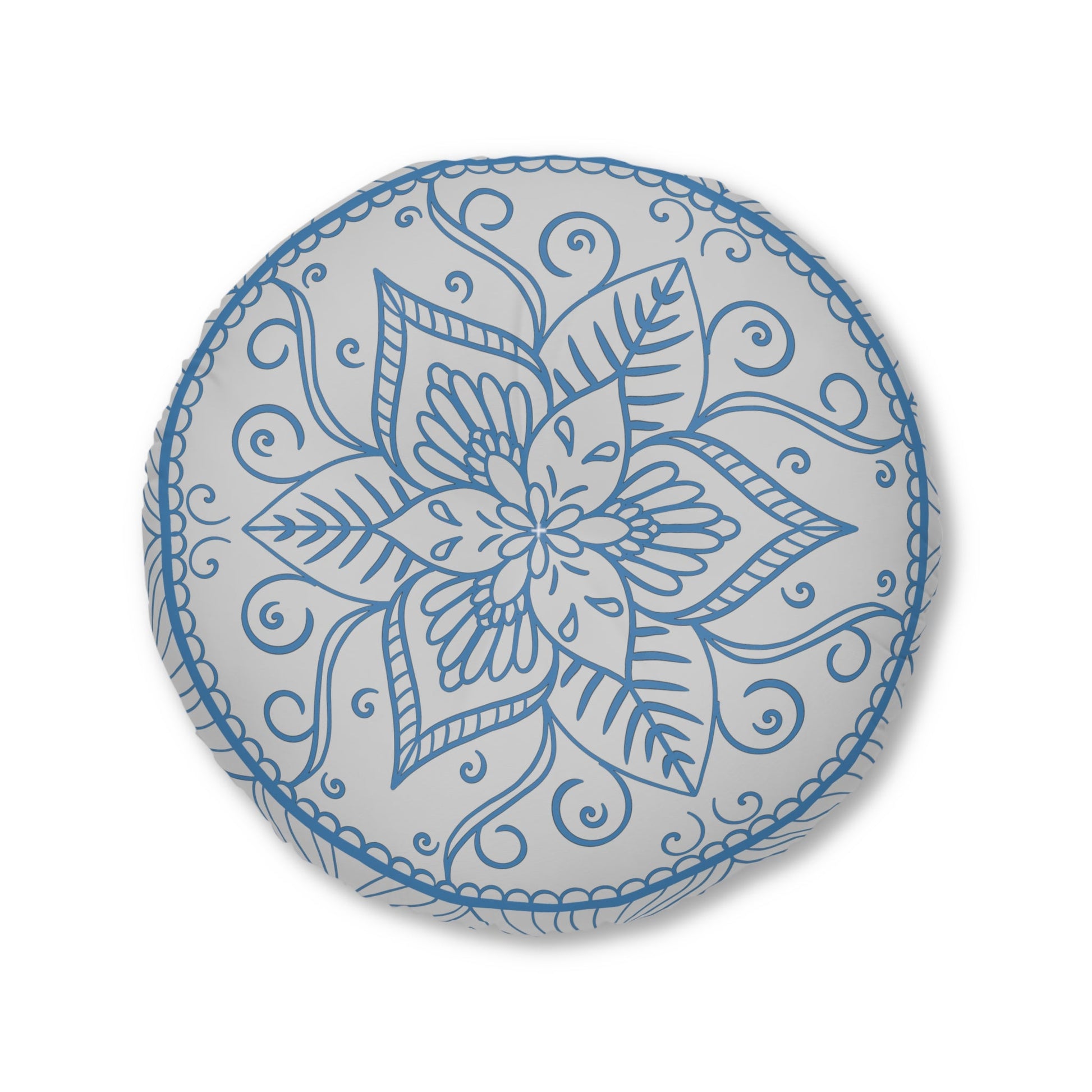 Floor Cushion Handmade Mandala Art - Steel Blue on Light Grey background - Drawn by Hand - Tufted Floor Pillow, Round - Blululi