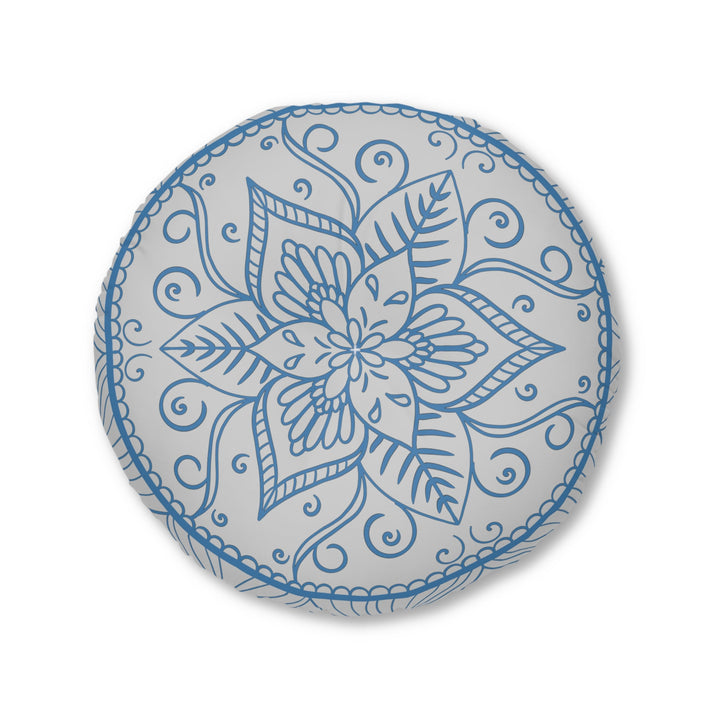 Floor Cushion Handmade Mandala Art - Steel Blue on Light Grey background - Drawn by Hand - Tufted Floor Pillow, Round - Blululi