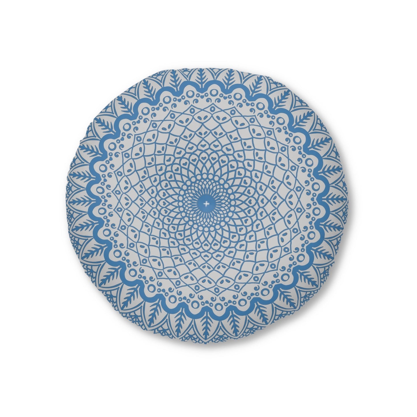 Floor Cushion Handmade Mandala Art - Steel Blue on Light Grey background - Drawn by Hand - Tufted Floor Pillow, Round - Blululi