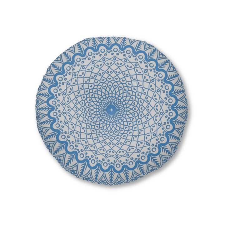 Floor Cushion Handmade Mandala Art - Steel Blue on Light Grey background - Drawn by Hand - Tufted Floor Pillow, Round - Blululi