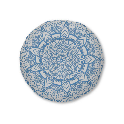 Floor Cushion Handmade Mandala Art - Steel Blue on Light Grey background - Drawn by Hand - Tufted Floor Pillow, Round - Blululi