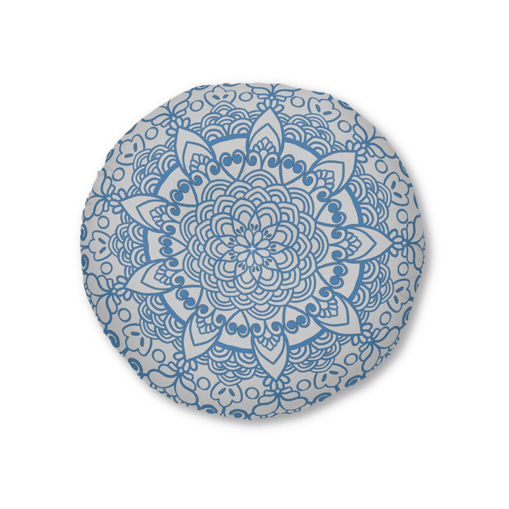 Floor Cushion Handmade Mandala Art - Steel Blue on Light Grey background - Drawn by Hand - Tufted Floor Pillow, Round - Blululi