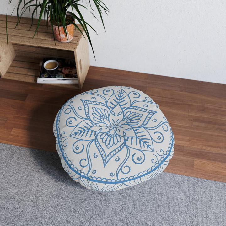 Floor Cushion Handmade Mandala Art - Steel Blue on Light Grey background - Drawn by Hand - Tufted Floor Pillow, Round - Blululi