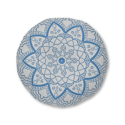 Floor Cushion Handmade Mandala Art - Steel Blue on Light Grey background - Drawn by Hand - Tufted Floor Pillow, Round - Blululi