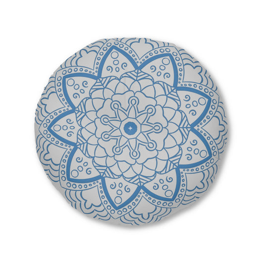 Floor Cushion Handmade Mandala Art - Steel Blue on Light Grey background - Drawn by Hand - Tufted Floor Pillow, Round - Blululi