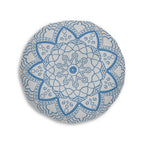 Floor Cushion Handmade Mandala Art - Steel Blue on Light Grey background - Drawn by Hand - Tufted Floor Pillow, Round - Blululi
