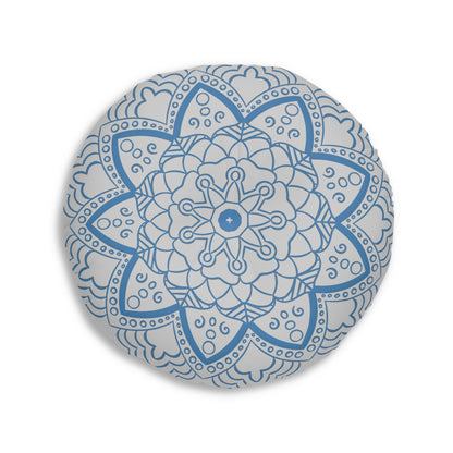 Floor Cushion Handmade Mandala Art - Steel Blue on Light Grey background - Drawn by Hand - Tufted Floor Pillow, Round - Blululi