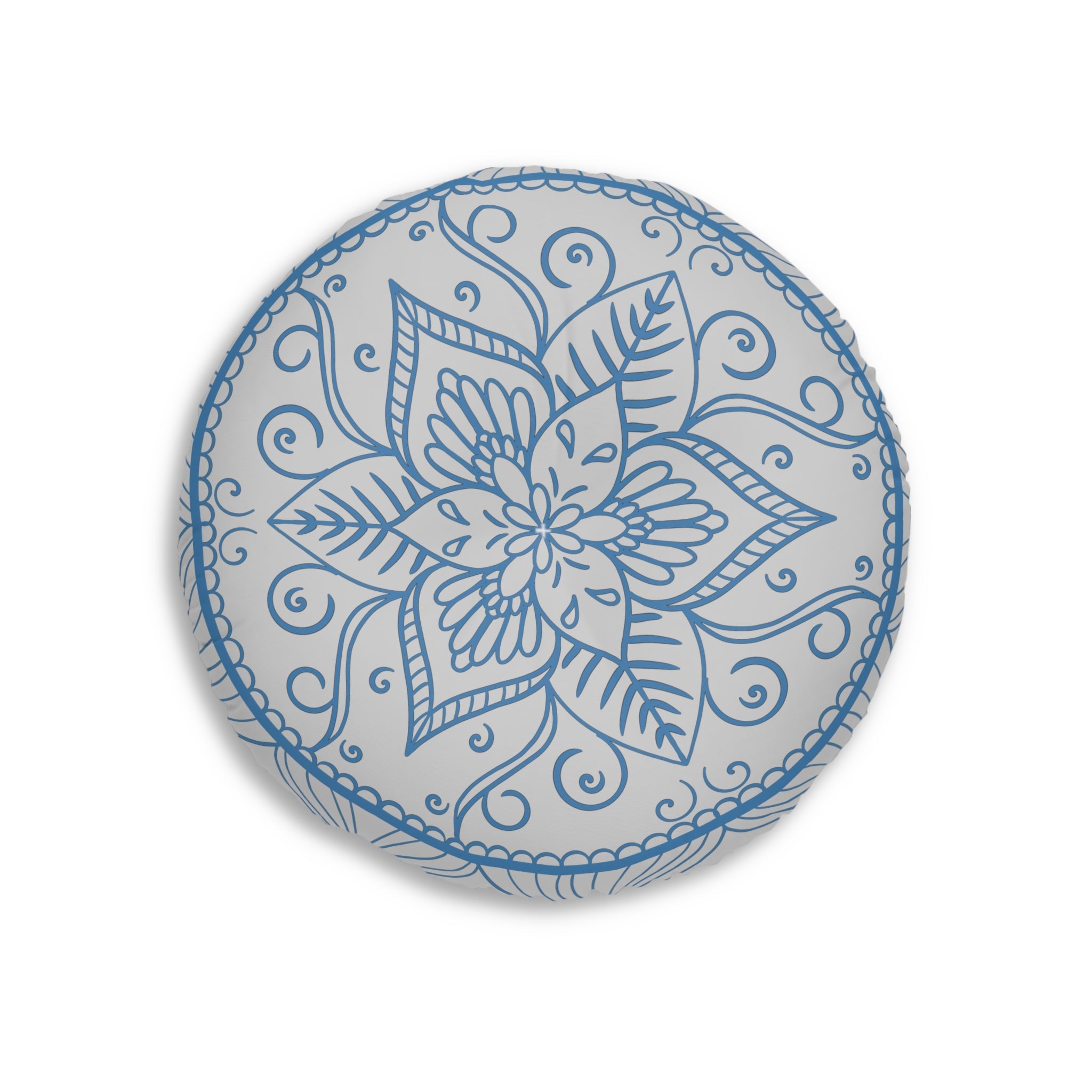 Floor Cushion Handmade Mandala Art - Steel Blue on Light Grey background - Drawn by Hand - Tufted Floor Pillow, Round - Blululi