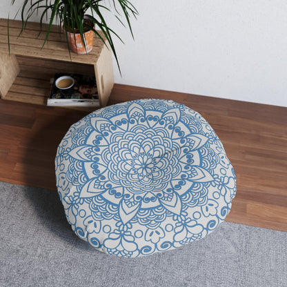 Floor Cushion Handmade Mandala Art - Steel Blue on Light Grey background - Drawn by Hand - Tufted Floor Pillow, Round - Blululi