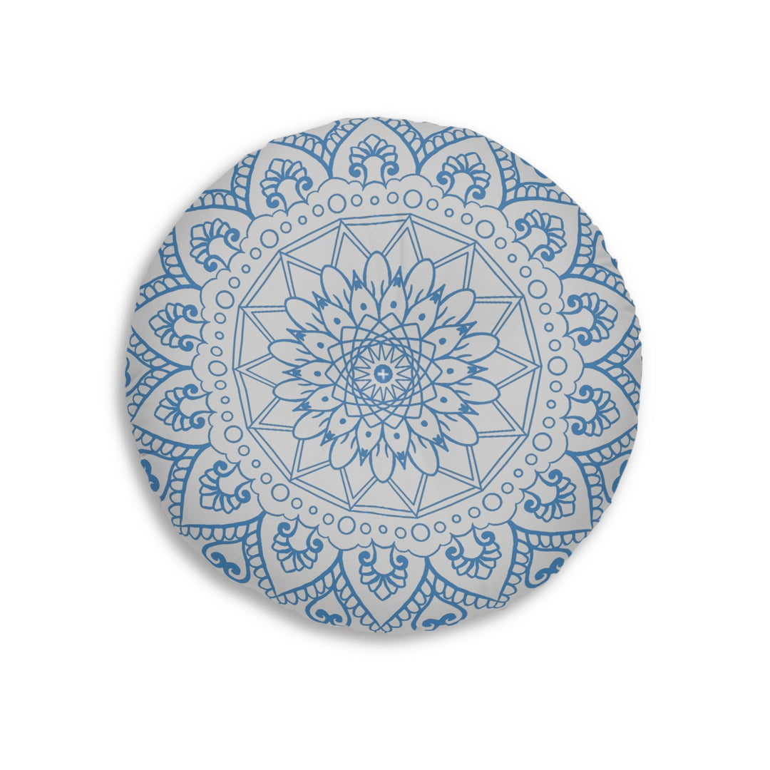 Floor Cushion Handmade Mandala Art - Steel Blue on Light Grey background - Drawn by Hand - Tufted Floor Pillow, Round - Blululi