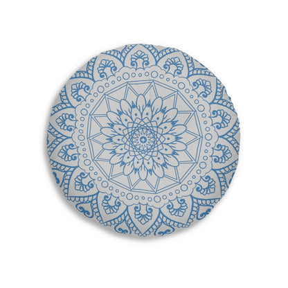 Floor Cushion Handmade Mandala Art - Steel Blue on Light Grey background - Drawn by Hand - Tufted Floor Pillow, Round - Blululi