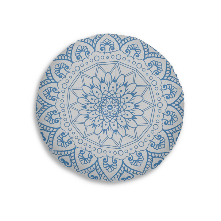 Floor Cushion Handmade Mandala Art - Steel Blue on Light Grey background - Drawn by Hand - Tufted Floor Pillow, Round - Blululi