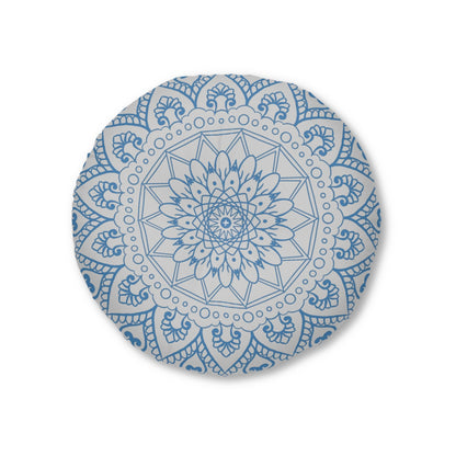 Floor Cushion Handmade Mandala Art - Steel Blue on Light Grey background - Drawn by Hand - Tufted Floor Pillow, Round - Blululi