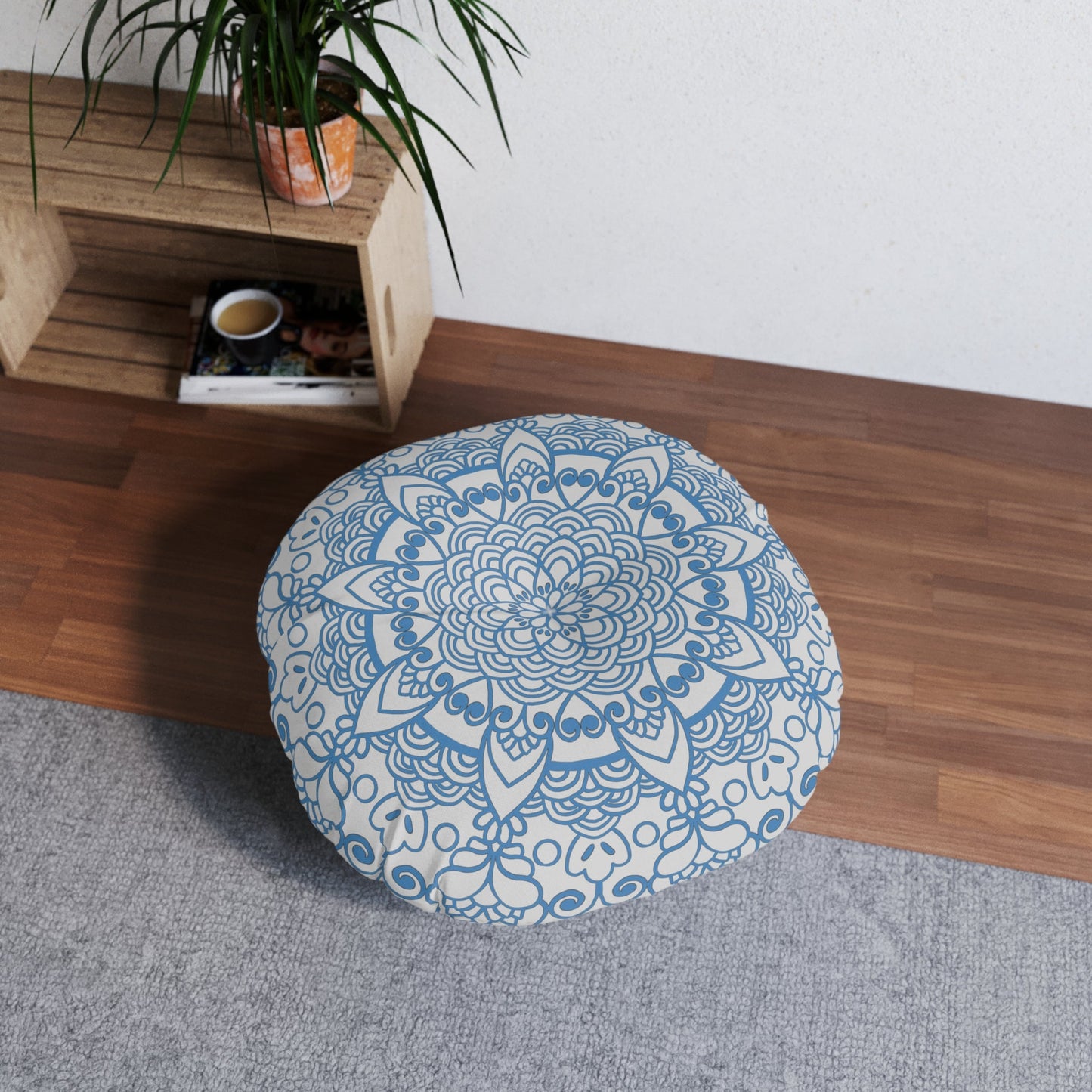 Floor Cushion Handmade Mandala Art - Steel Blue on Light Grey background - Drawn by Hand - Tufted Floor Pillow, Round - Blululi