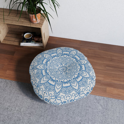 Floor Cushion Handmade Mandala Art - Steel Blue on Light Grey background - Drawn by Hand - Tufted Floor Pillow, Round - Blululi