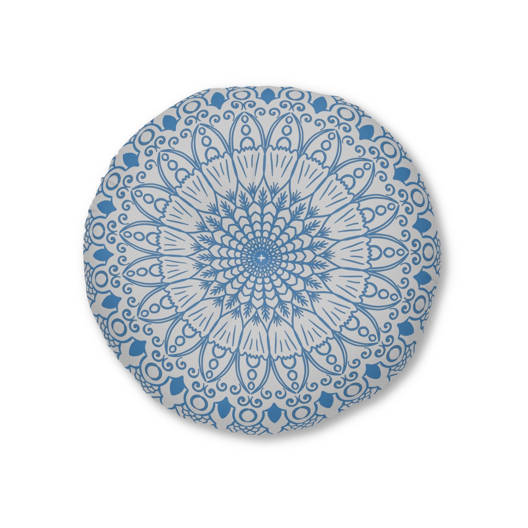 Floor Cushion Handmade Mandala Art - Steel Blue on Light Grey background - Drawn by Hand - Tufted Floor Pillow, Round - Blululi