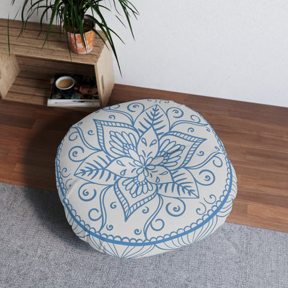 Floor Cushion Handmade Mandala Art - Steel Blue on Light Grey background - Drawn by Hand - Tufted Floor Pillow, Round - Blululi