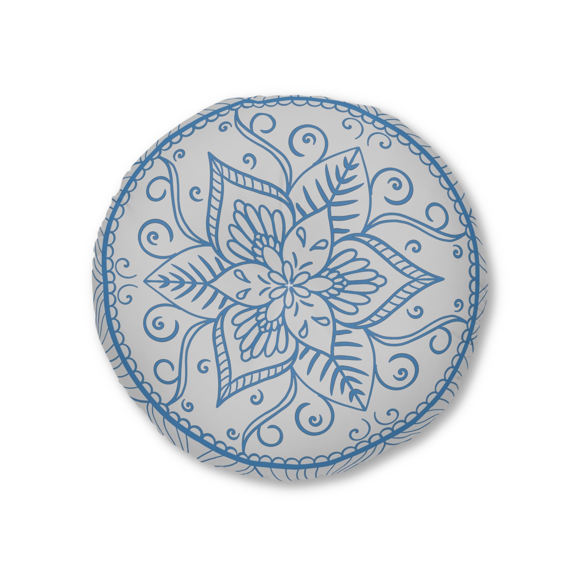 Floor Cushion Handmade Mandala Art - Steel Blue on Light Grey background - Drawn by Hand - Tufted Floor Pillow, Round - Blululi