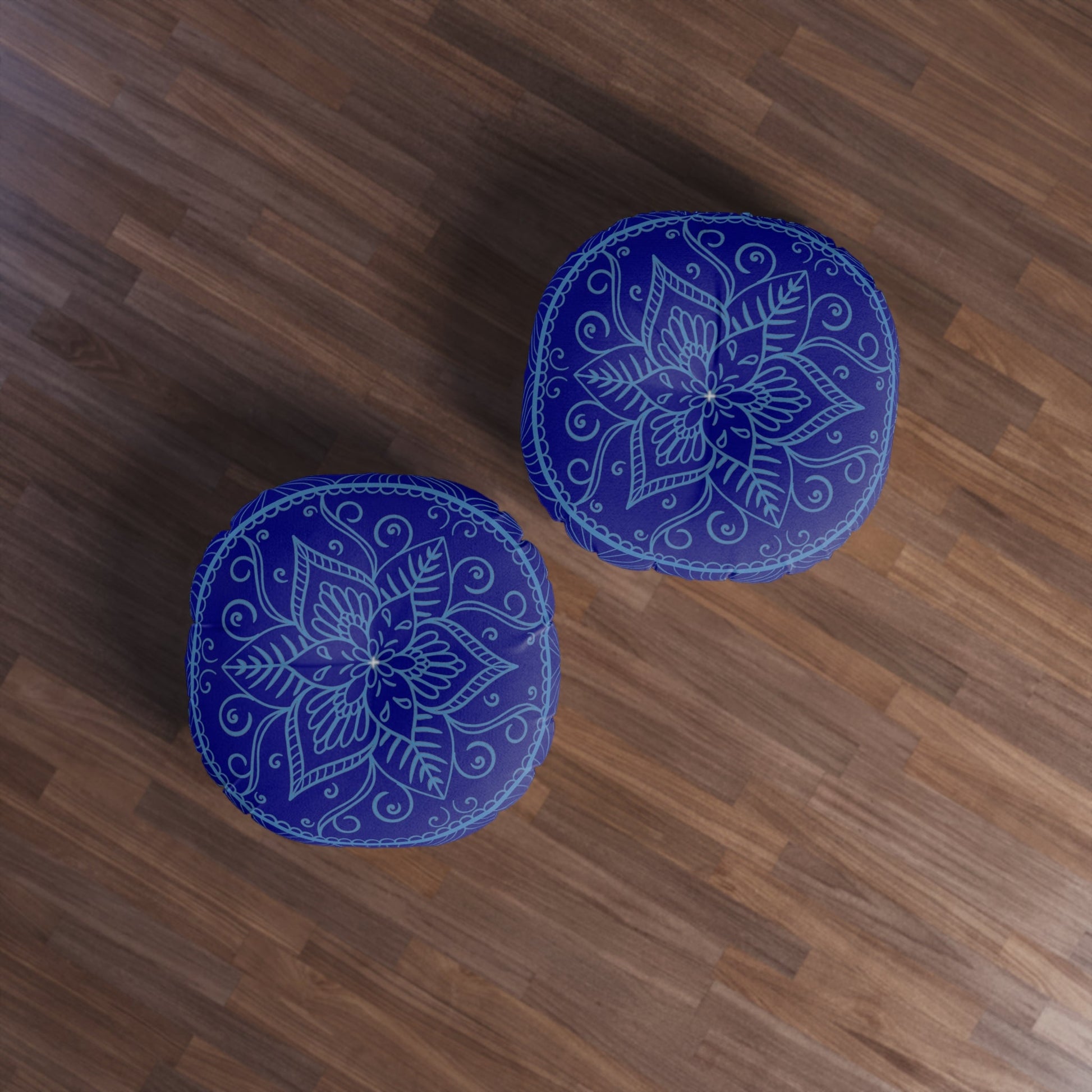 Floor Cushion Handmade Mandala Art - Steel Blue on Navy Blue background - Drawn by Hand - Tufted Floor Pillow, Round - Blululi