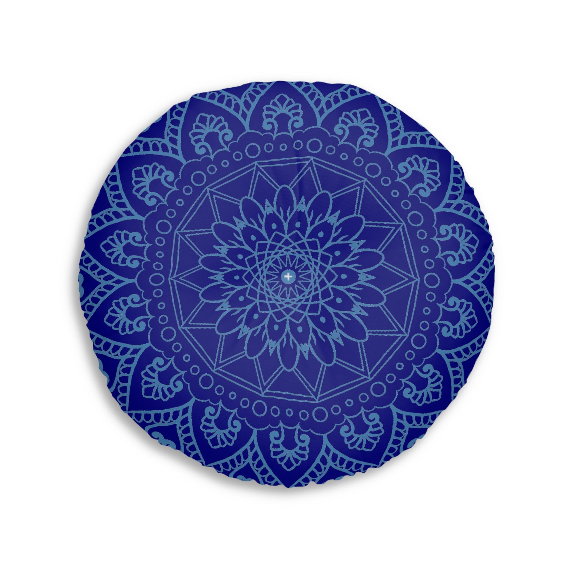 Floor Cushion Handmade Mandala Art - Steel Blue on Navy Blue background - Drawn by Hand - Tufted Floor Pillow, Round - Blululi