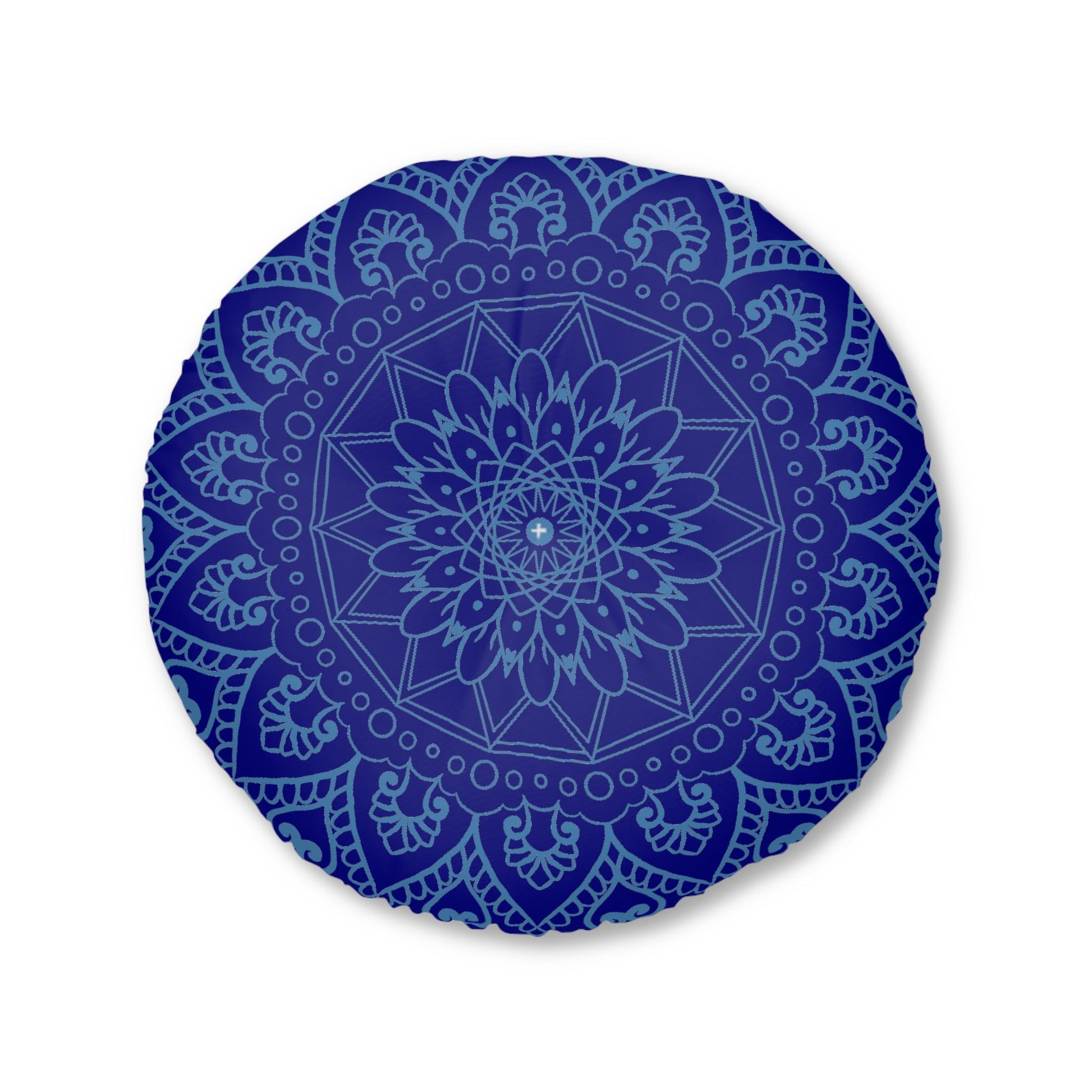 Floor Cushion Handmade Mandala Art - Steel Blue on Navy Blue background - Drawn by Hand - Tufted Floor Pillow, Round - Blululi