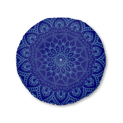 Floor Cushion Handmade Mandala Art - Steel Blue on Navy Blue background - Drawn by Hand - Tufted Floor Pillow, Round - Blululi