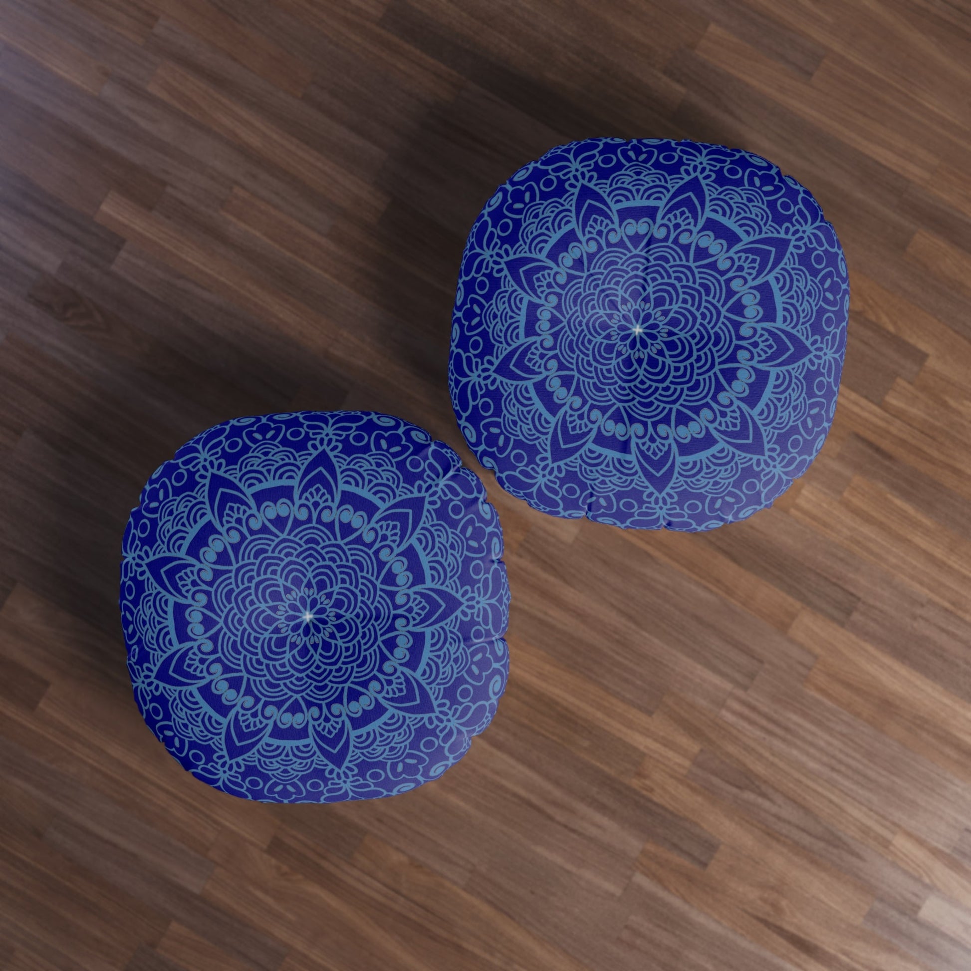 Floor Cushion Handmade Mandala Art - Steel Blue on Navy Blue background - Drawn by Hand - Tufted Floor Pillow, Round - Blululi