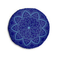Floor Cushion Handmade Mandala Art - Steel Blue on Navy Blue background - Drawn by Hand - Tufted Floor Pillow, Round - Blululi