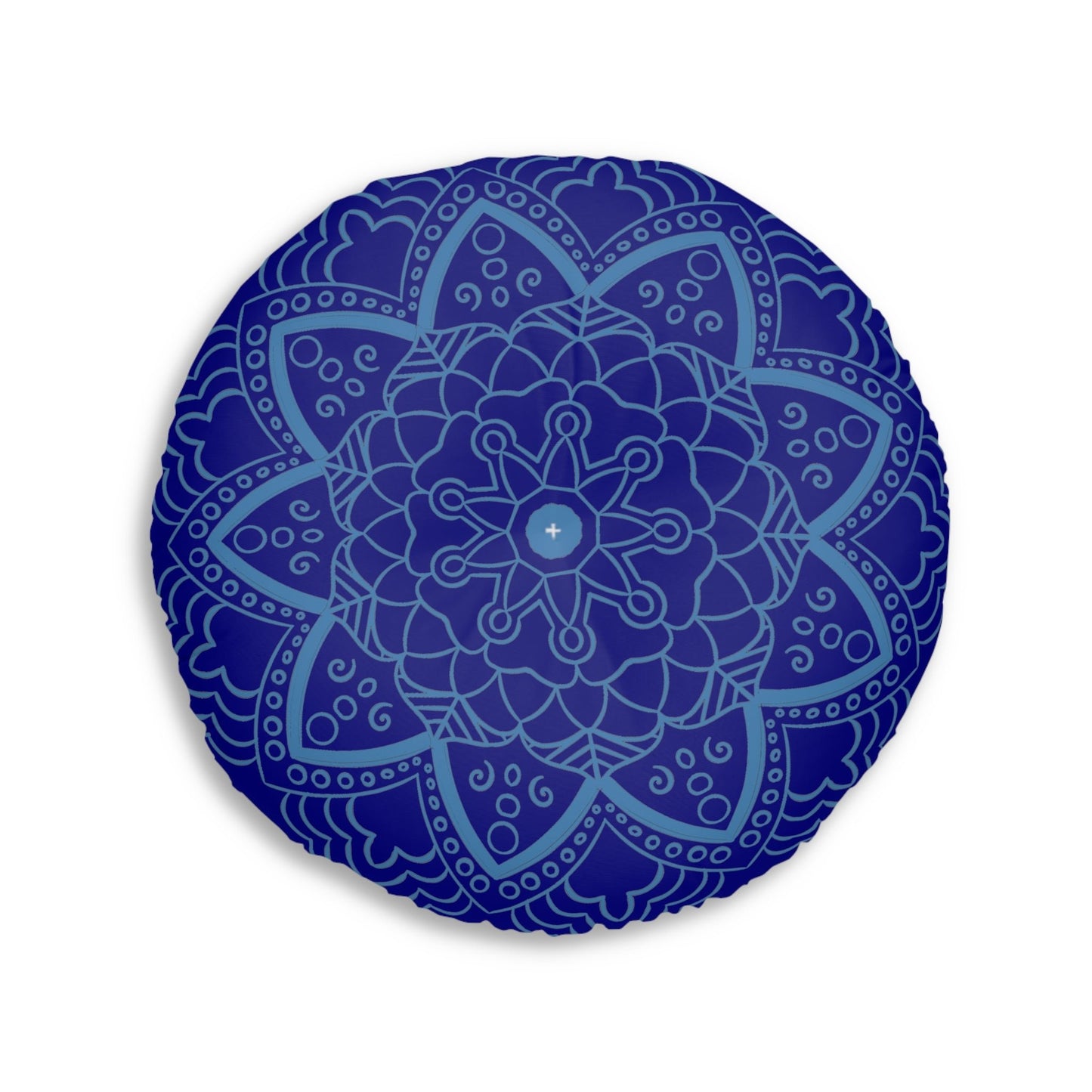 Floor Cushion Handmade Mandala Art - Steel Blue on Navy Blue background - Drawn by Hand - Tufted Floor Pillow, Round - Blululi